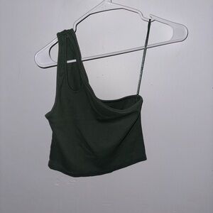 ZARA GREEN RIBBED ONE SHOULDER CROP TOP SIZE L